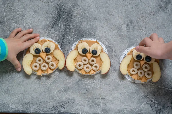 Funny owl with peanut butter and fruits on rice cake