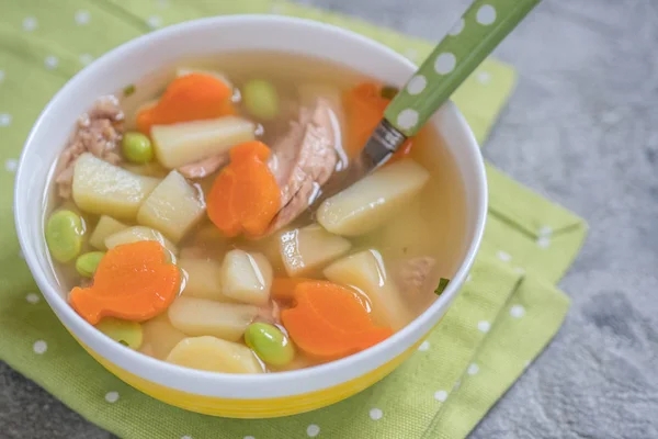 Sopa de atum com legumes na tigela — Fotografia de Stock