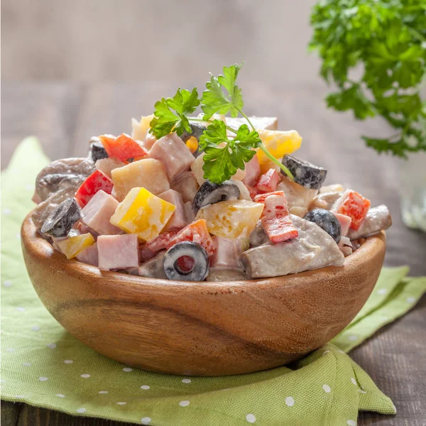 Potato salad with ham, mushroom, pepper, olive, crab — Stock Photo, Image