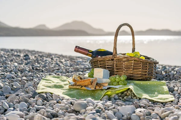 Cesta de picnic con vino, queso y uvas — Foto de Stock