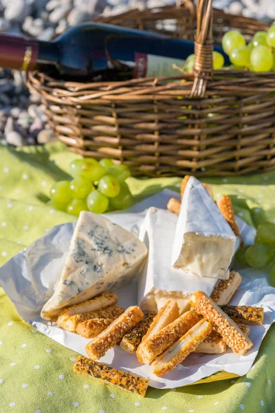 Cesto de piquenique com vinho, queijo e uvas — Fotografia de Stock