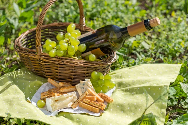 Корзина для пикника с вином, сыром и виноградом — стоковое фото