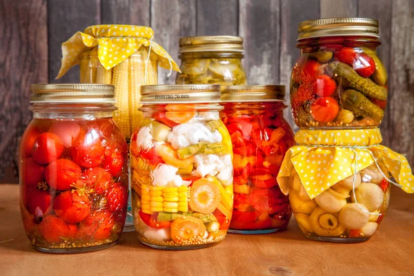 Jars with marinated vegetables — Stock Photo, Image