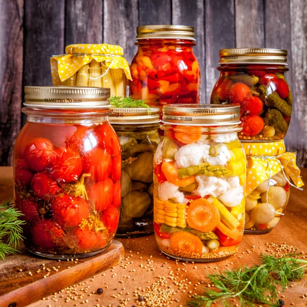 Jars with marinated vegetables — Stock Photo, Image