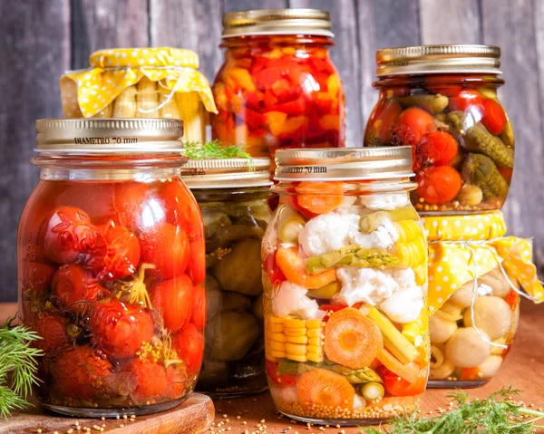 Jars with marinated vegetables — Stock Photo, Image