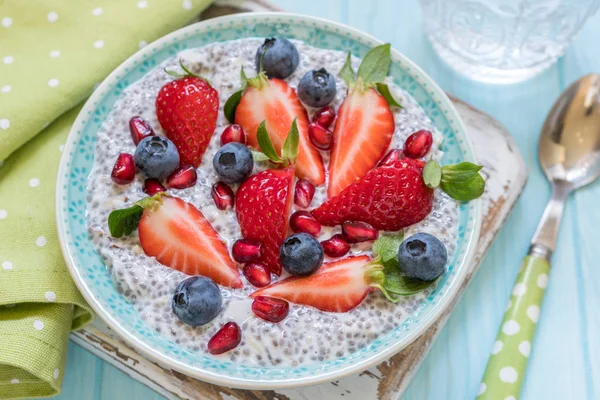 Keto ketogenní, paleo nízké carb stravy ovesné snídaně kaše. Kokosový Chia pudink s bobule, semena granátového jablka a mandle — Stock fotografie