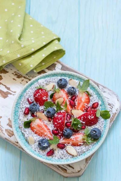 Keto ketogenní, paleo nízké carb stravy ovesné snídaně kaše. Kokosový Chia pudink s bobule, semena granátového jablka a mandle — Stock fotografie