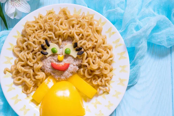 Funny Girl Food Face with Cutlet, Pasta noodles and Vegetables