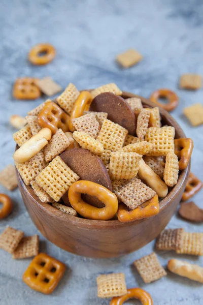 Salty Snack Party Mix with Pretzels and Cereal
