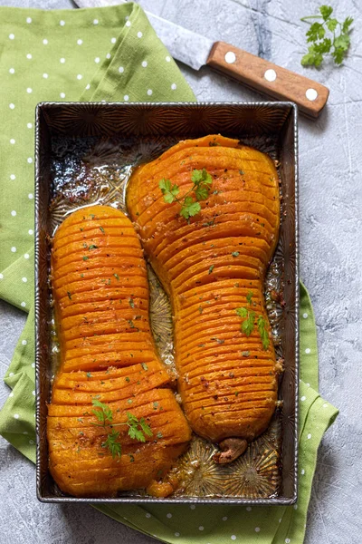 Roasted hasselback butternut squash pumpkin — Stock Photo, Image