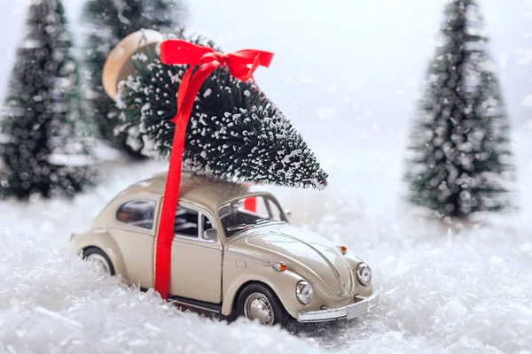 Bir Noel ağacı karla kaplı minyatür herdem yeşil orman içinde taşıyan araba