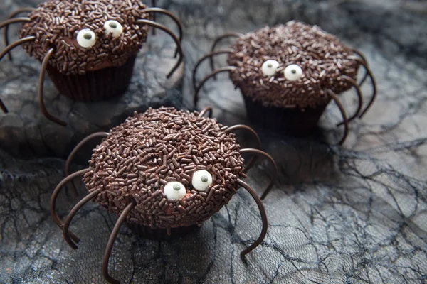 Шоколадные кексы-пауки на Хэллоуин — стоковое фото