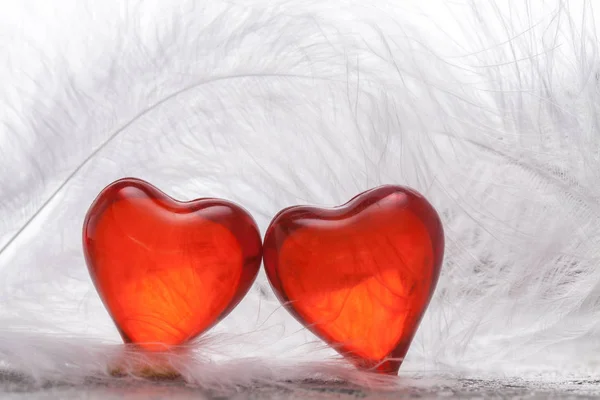 Красное сердце на белых перьях — стоковое фото