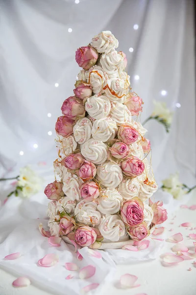 Zefir Croquembouche with Pink Roses — Stock Photo, Image