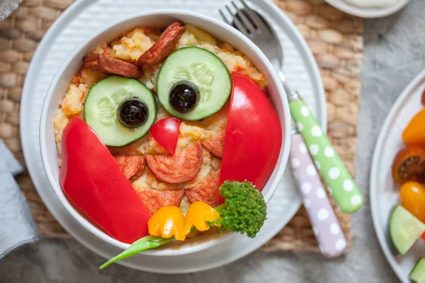 Funny owl mashed potato vegetable puree with sausage for kids lunch