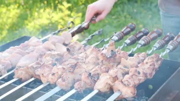 Cooking shashlik on the mangal grill — Stock Video