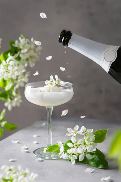 Pouring champagne into glass with vanilla ice cream. Sparkling wine Ice Cream Floats cocktail in wine glass and blossom branches on gray background. Sparkling sorbet. Wine map, restaurant menu.