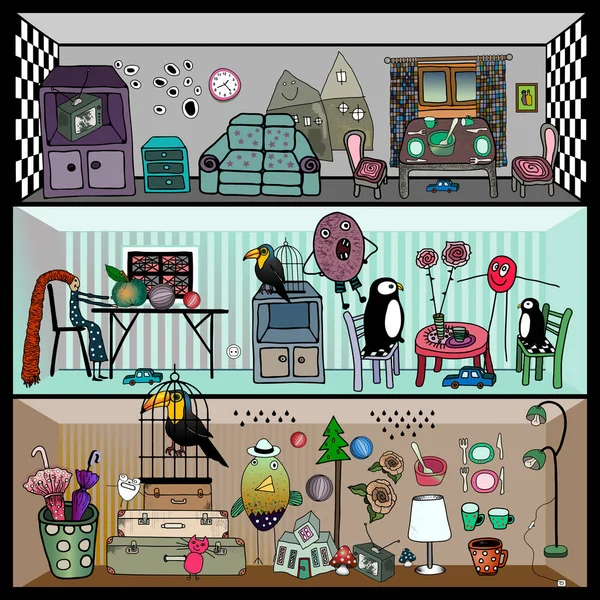 Interior de casa de muñecas con muebles y residentes . — Vector de stock