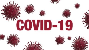 Coronavirus Covid-19 salgını ve Coronavirüs gribi Covid-19 metni. Tehlikeli grip salgını vakaları salgın hastalık hücresi konseptini 3 boyutlu olarak oluşturur.