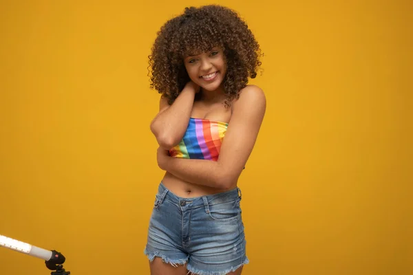 Young Latin Curly Woman Posing Rainbow Lgbt Flag — Stock Photo, Image