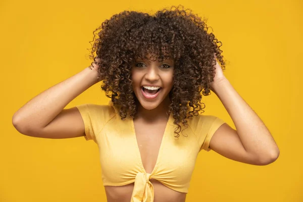 Young Latin Curly Woman Posing Bright Yellow Background — Stock Photo, Image