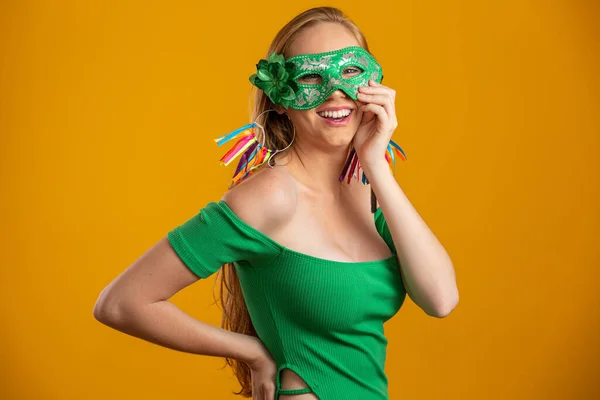 Mulher Bonita Vestida Para Noite Carnaval Mulher Sorridente Pronta Para — Fotografia de Stock