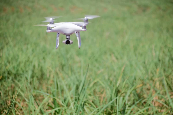 Drone Bianco Che Vola Sopra Campo Verde — Foto Stock
