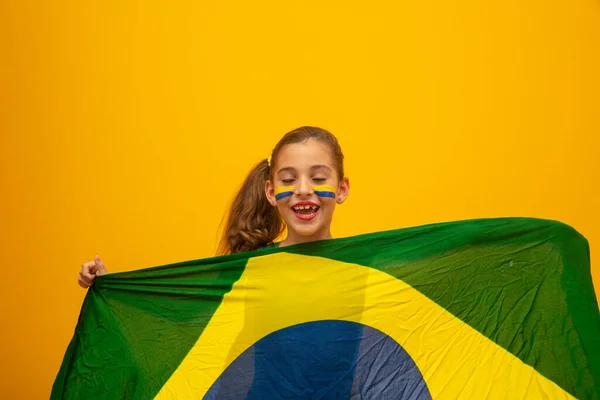 Football Supporter Brazil Team World Cup Beautiful Little Girl Cheering — Stock Photo, Image