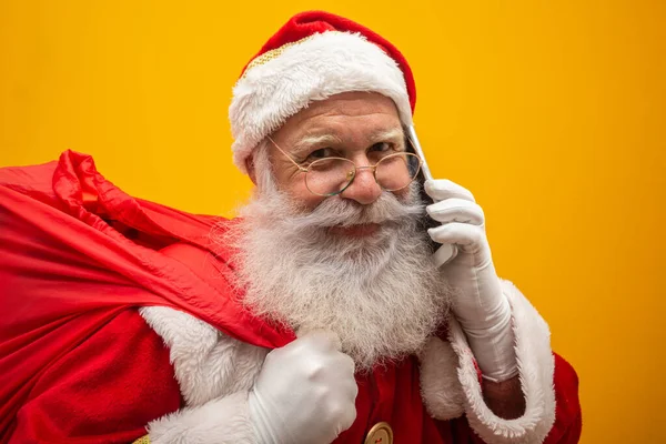 Holly Jolly Mas Santa Headwear Costume Black Belt White Gloves — Stock Photo, Image