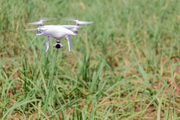 Drone Bianco Che Vola Sopra Campo Verde — Foto Stock