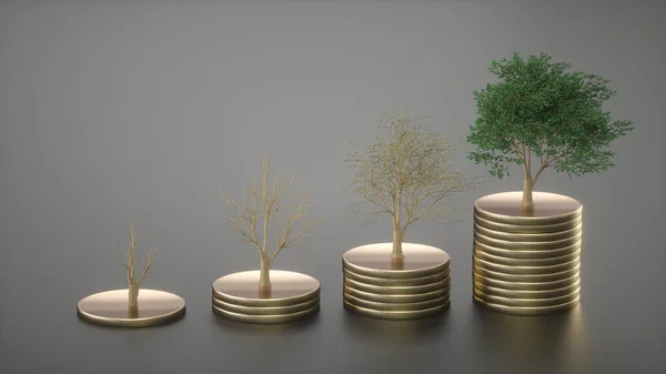 Gouden Munten Met Groeiende Bomen Business Finance Money Concept Bespaar — Stockfoto