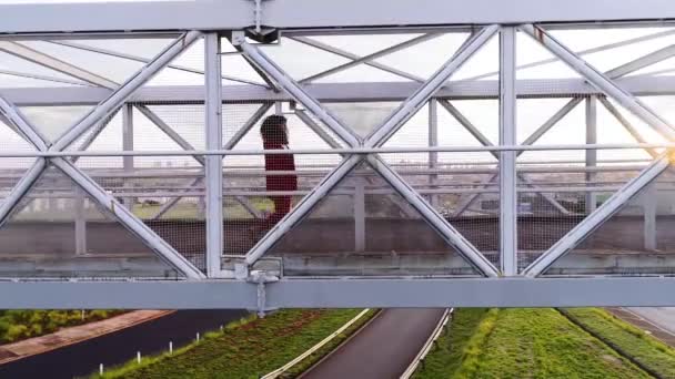 橋の上で踊るスタイリッシュな巻き女性 — ストック動画