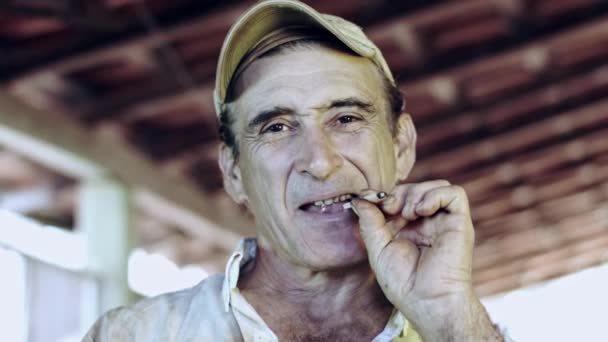Close View Mature Man Smoking Handmade Cigarette — Stock Video