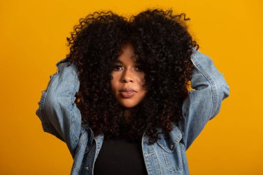 Kıvırcık saçlı, kameraya bakıp gülümseyen genç Afro-Amerikalı kadın. Kıvırcık saçlı, kameraya bakıp gülümseyen tatlı afro kız..