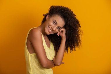 Kıvırcık saçlı, kameraya bakıp gülümseyen genç Afro-Amerikalı kadın. Kıvırcık saçlı, kameraya bakıp gülümseyen tatlı afro kız..