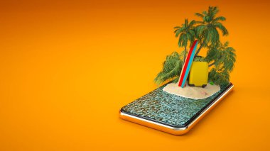Palmiye ağaçları, bavulu ve akıllı telefon ekranında sörf tahtası olan alışılmadık bir 3 boyutlu tropikal ada. Seyahat ve tatil konsepti. 3B Hazırlama.