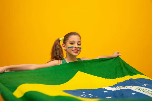 Football Supporter Brazil Team World Cup Beautiful Little Girl Cheering — Stock Photo, Image