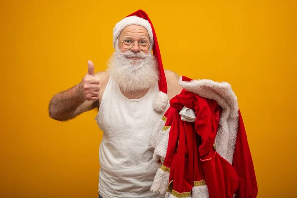 Santa Holding His Clothes Delivering Presents Santa Clothes Costume Thumb — Stock Photo, Image