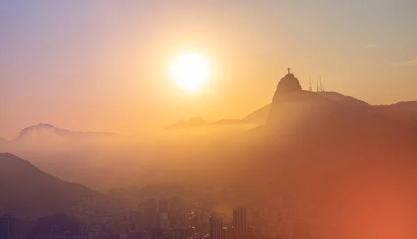 Rio Janeiros Bakgrundskonst Sockerbröd Corcovado Kristus Frälsaren Och Guanabarabukten Rio — Stockfoto