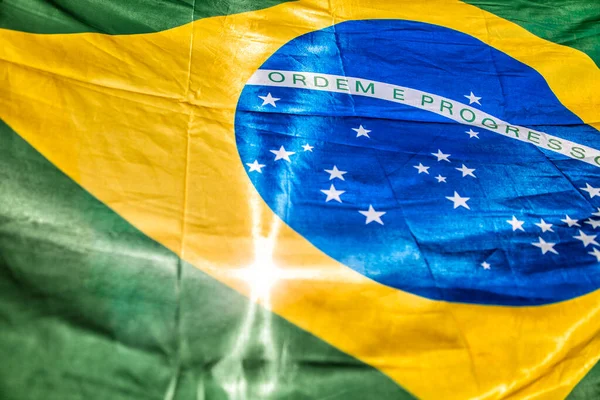 Detailní Záběr Brazilské Vlajky Visící Zdi — Stock fotografie