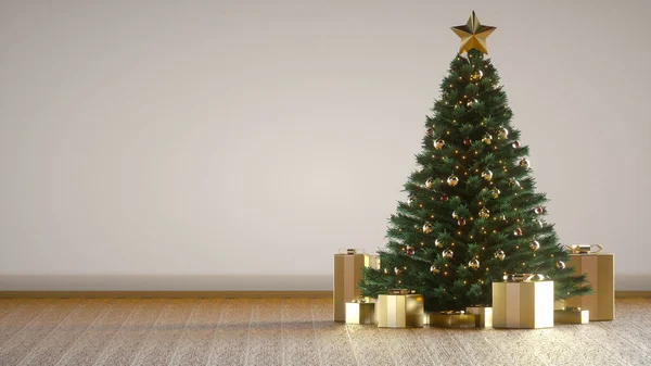 Increíble Árbol Navidad Lujo Con Cajas Regalo Oro Representación Parpadeo —  Fotos de Stock