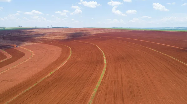 Vista Aérea Tractor Com Semeadora Montada Que Efectua Semeadura Directa — Fotografia de Stock