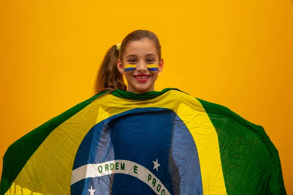 Amante Del Fútbol Equipo Brasil Copa Del Mundo Hermosa Niña — Foto de Stock