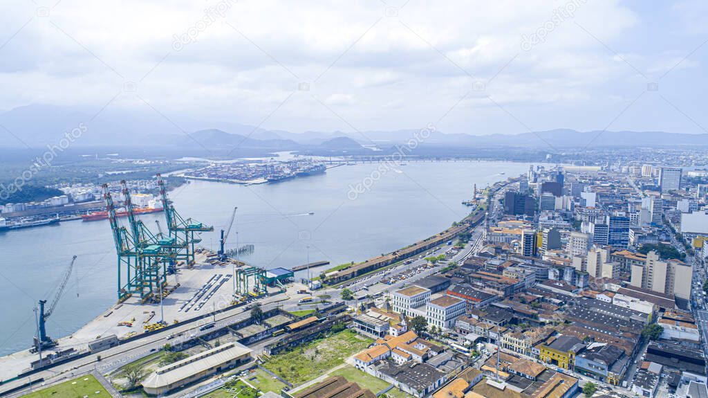 Santos, Sao Paulo / Brazil - Circa Octuber 2019: Aerial view of Santos city port region in Brazil.
