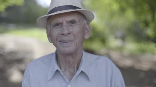 Viejo Sonriente Con Sombrero Posando Aire Libre — Vídeo de stock