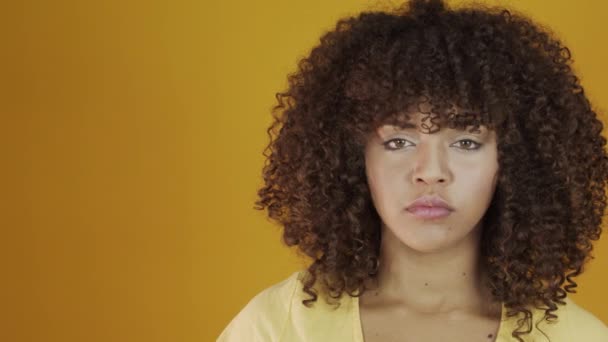 Молода Бразилія Кучерява Жінка Жестикулює Позує Жовтому Фоні — стокове відео