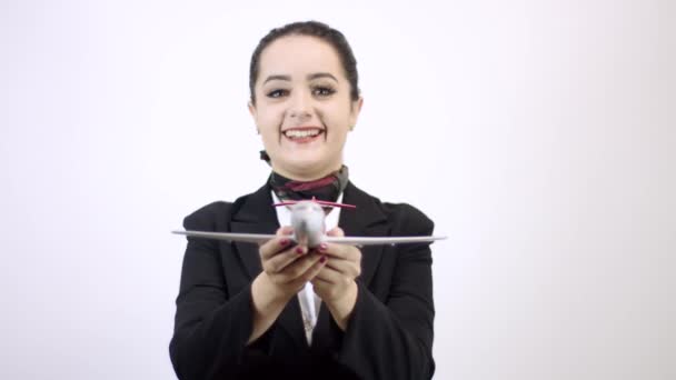 Cute Stewardessa Stylowy Kostium Gestykulując Pozowanie Izolowane Białym Tle — Wideo stockowe