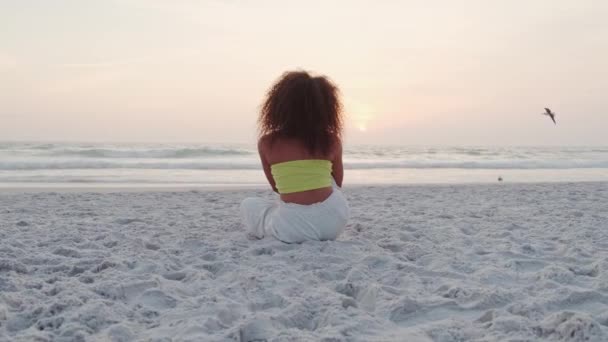 Mignonne Femme Bouclée Amuser Poser Sur Plage — Video