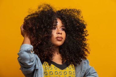 Afro saç stili ve cazibeli makyajlı Afro-Amerikan kadının güzel portresi. Brezilyalı kadın. Karışık ırk. Kıvırcık saçlı. Saç stili. Sarı arkaplan.