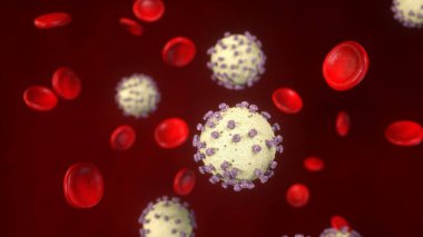 Coronavirus 2019-nCoV Covid-19 ve kan hücresi geçmişi. Salgın ve Salgın Tıbbi Risk Konsepti. 3B Hazırlama.